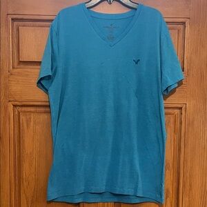 American Eagle Outfitters Men’s Teal V-Neck Tee with Navy Logo Accent